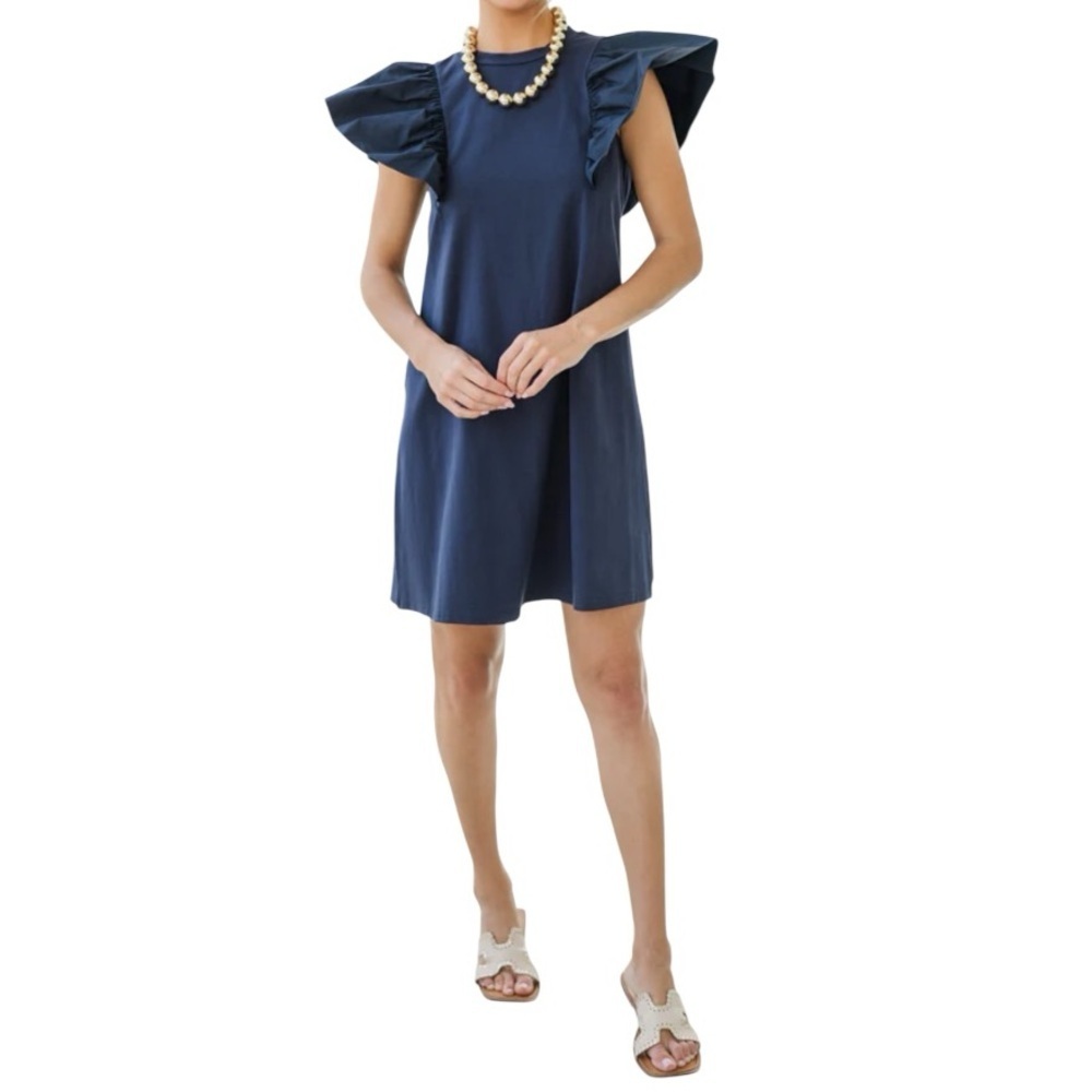 TCEC Ruffle Sleeve Navy women’s Mini T-shirt Dress size Large casual stretch new